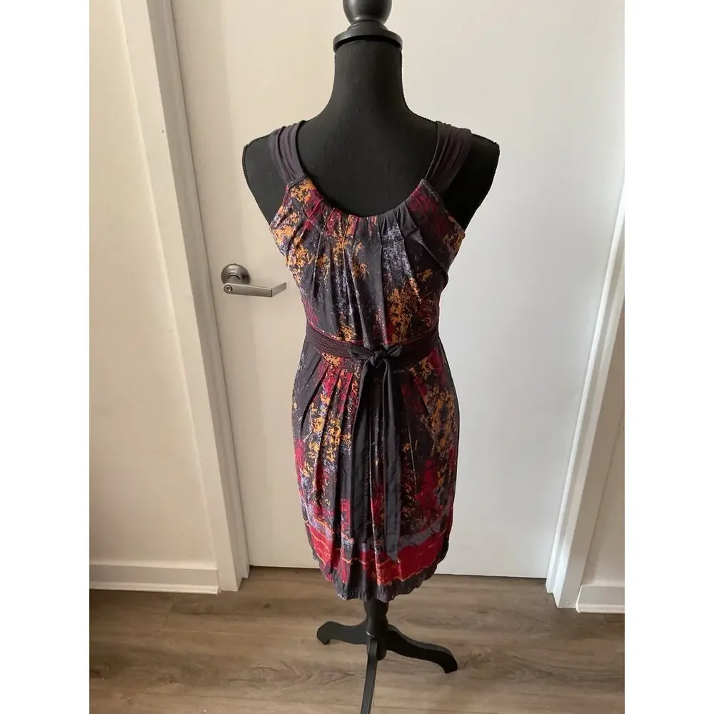 BCBGMAXAZRIA Black Red Abstract Sheath Scoop Neck Sleeveless Tie Dress Sz S